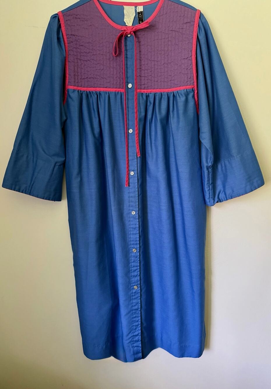 Vintage 60's 70's Models Coat Blue Pink Flowy Button Down House Dress Large XL